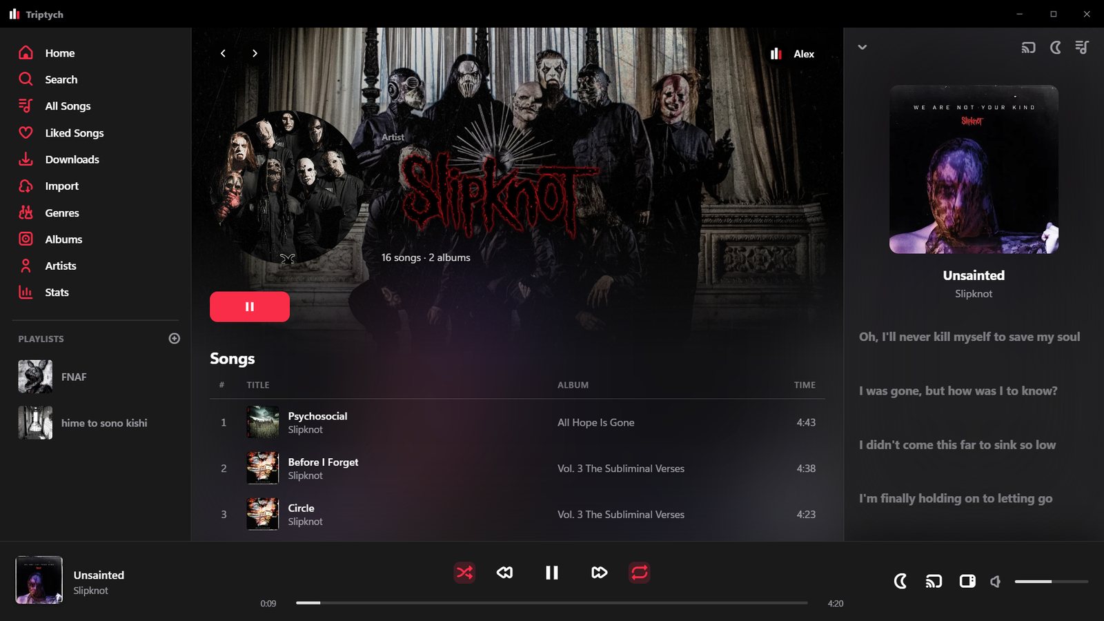 Triptych in the Apple Music look, on the same artist page with red accents