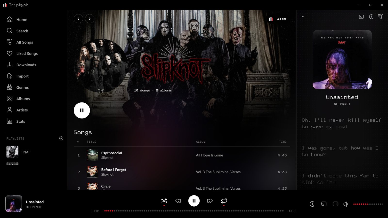 Triptych in the Nothing look, playing Unsainted by Slipknot with synced lyrics
