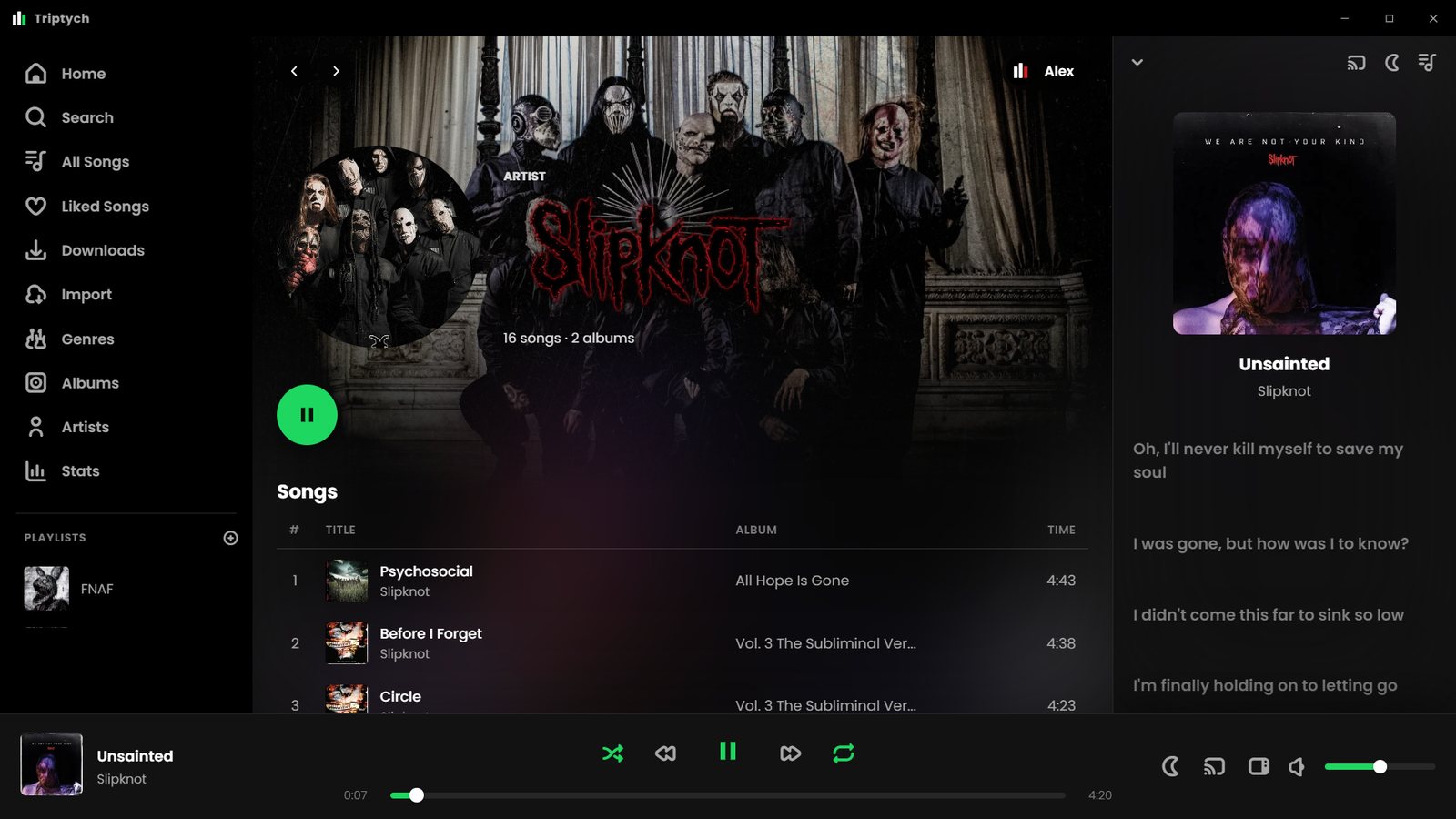 Triptych in the Spotify look, on the Slipknot artist page with lyrics on the right