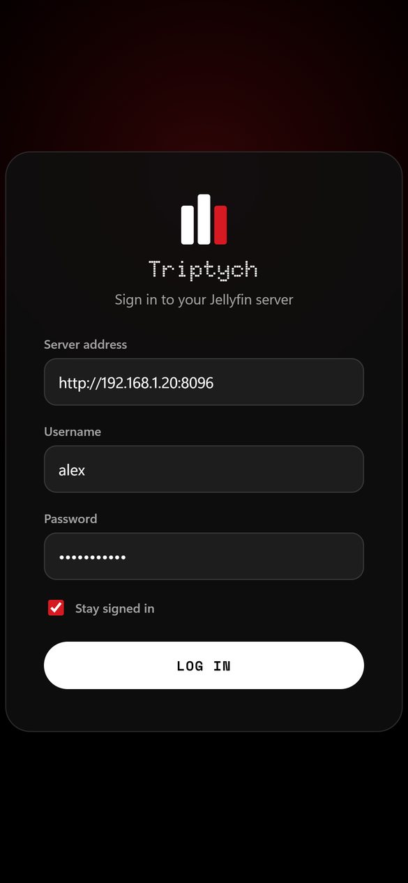 The Triptych sign-in screen, asking for a server address, username and password
